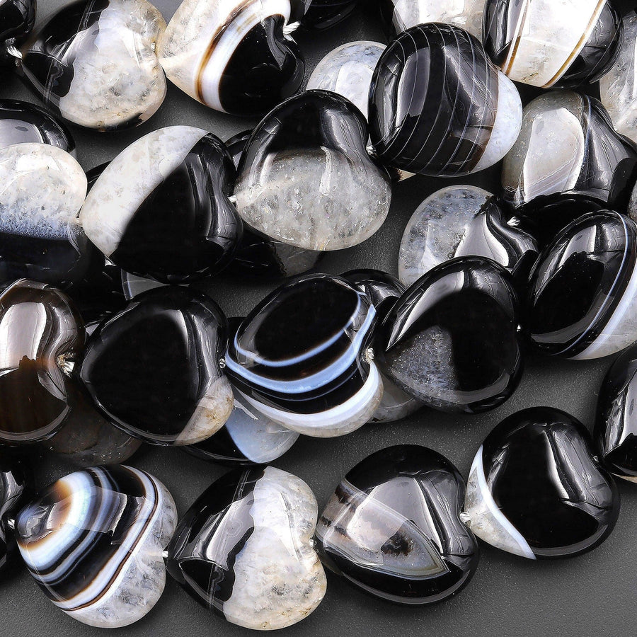 Natural Black Tuxedo Agate Smooth Heart Beads W/ White Quartz Matrix 15.5" Strand