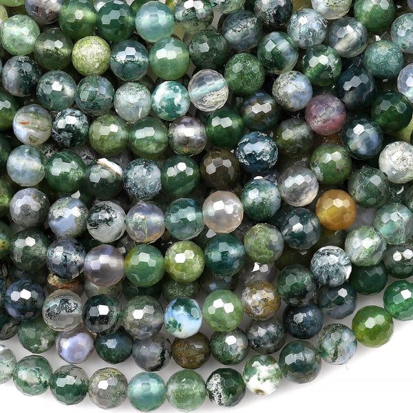 Faceted Natural Green Moss Agate 6mm Round Beads 14.5" Strand