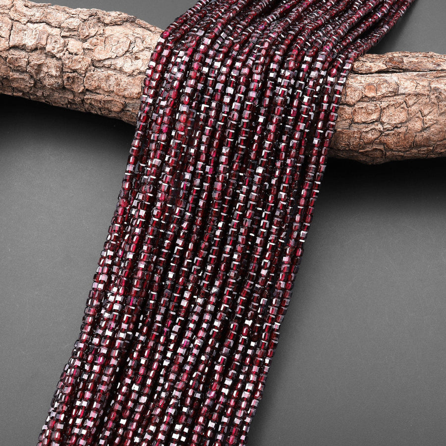 Natural Red Garnet 3mm Faceted Cube Gemstone Beads 15.5" Strand