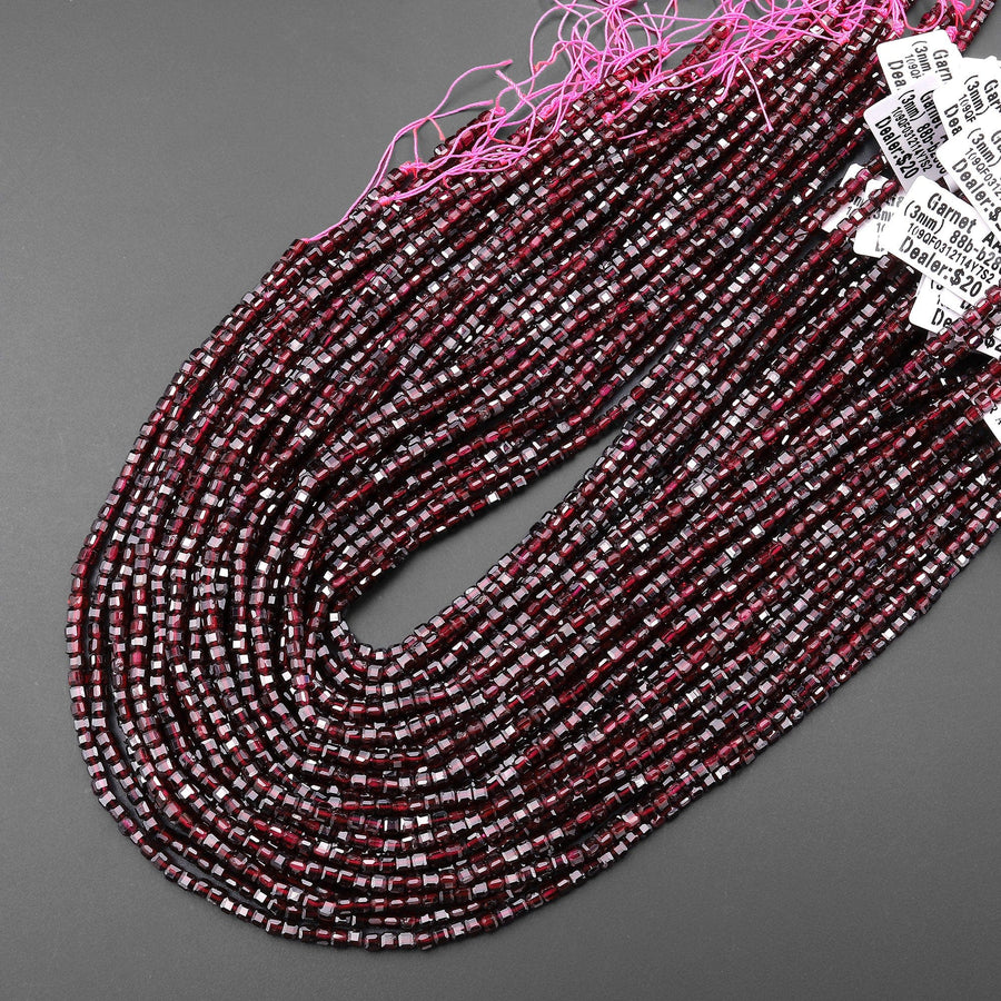 Natural Red Garnet 3mm Faceted Cube Gemstone Beads 15.5" Strand