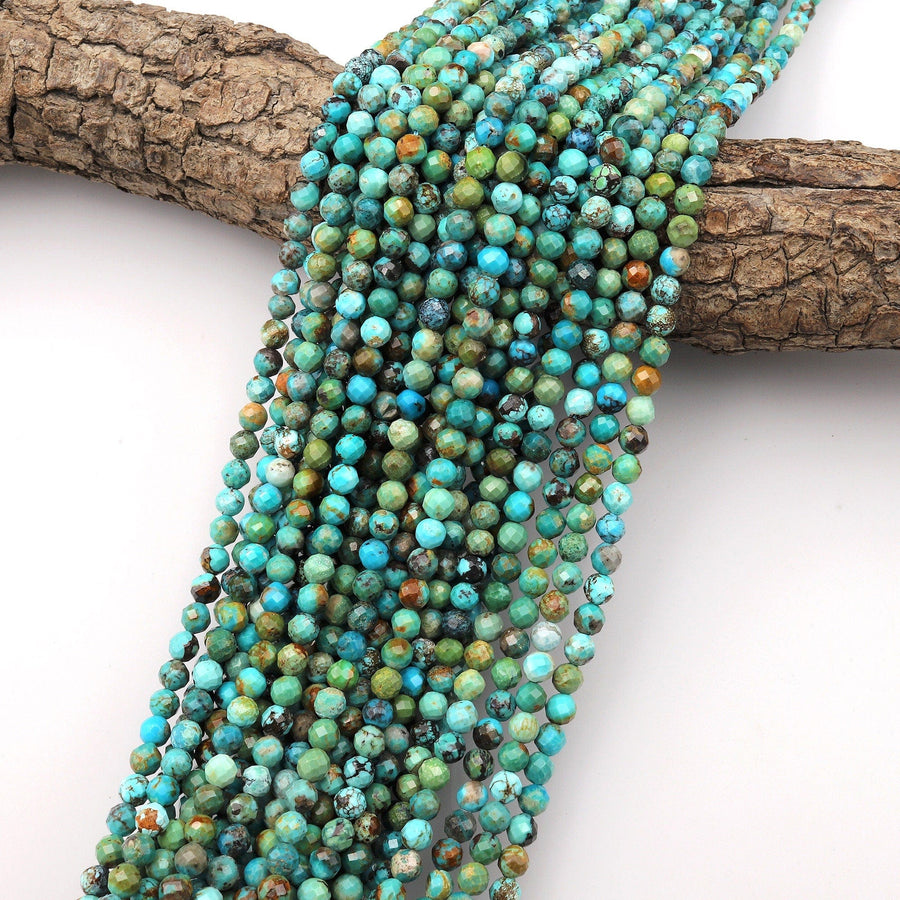 Faceted Natural Turquoise 5mm Round Beads Real Genuine Vibrant Blue Green Turquoise Micro Diamond Cut 15.5" Strand