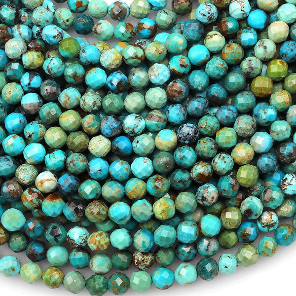 Faceted Natural Turquoise 5mm Round Beads Real Genuine Vibrant Blue Green Turquoise Micro Diamond Cut 15.5" Strand