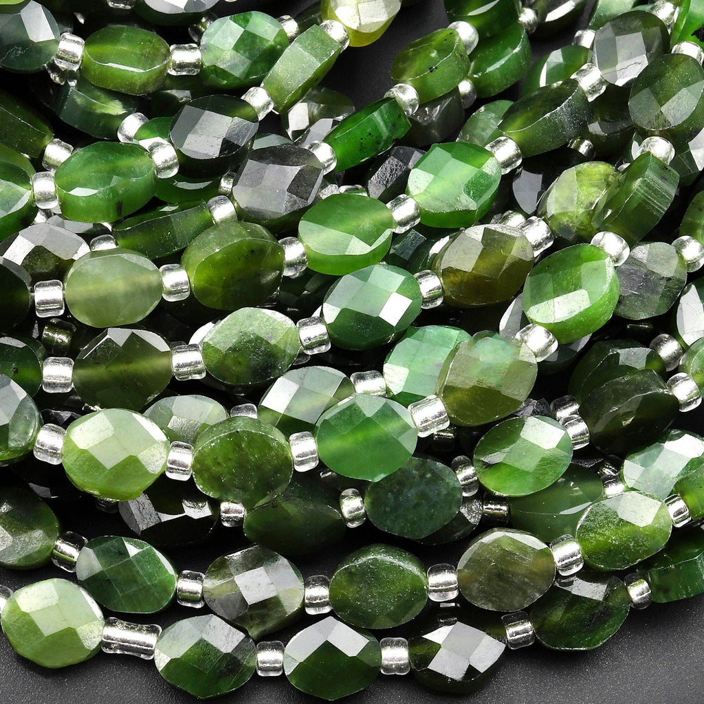 Natural Canadian Green Jade Faceted Oval Beads Gemstone 15.5" Strand