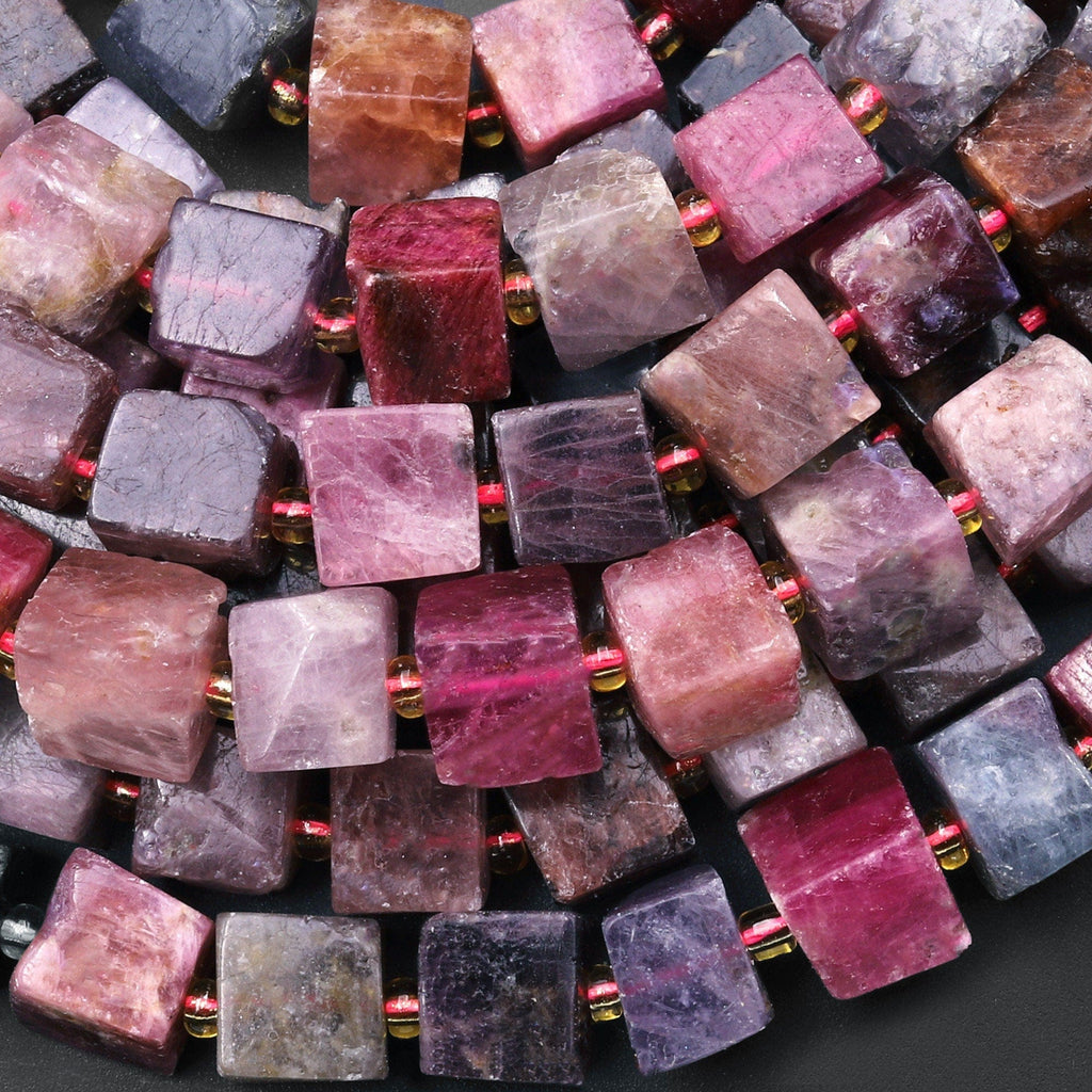 Large Real Genuine Natural Spinel Cube Beads 8mm 10mm Multicolor Red Pink Blue Purple Gemstone 15.5" Strand