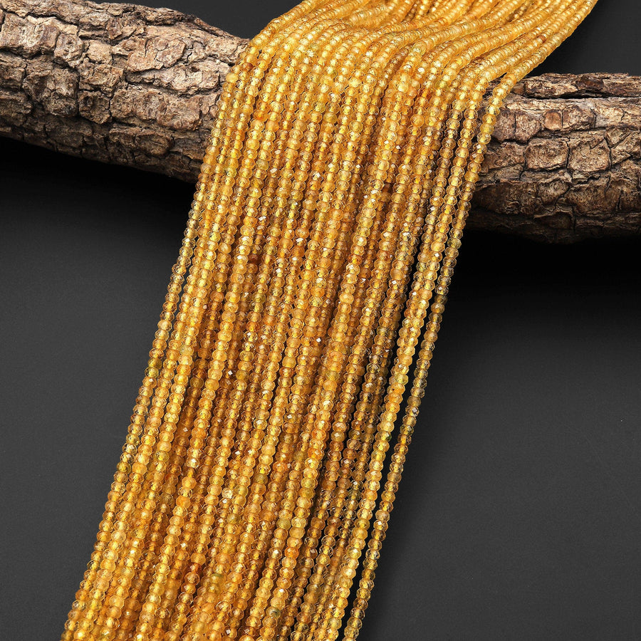 AAA Natural Golden Yellow Tourmaline Faceted 3mm Rondelle Beads Micro Diamond Cut Gemstone 15.5" Strand