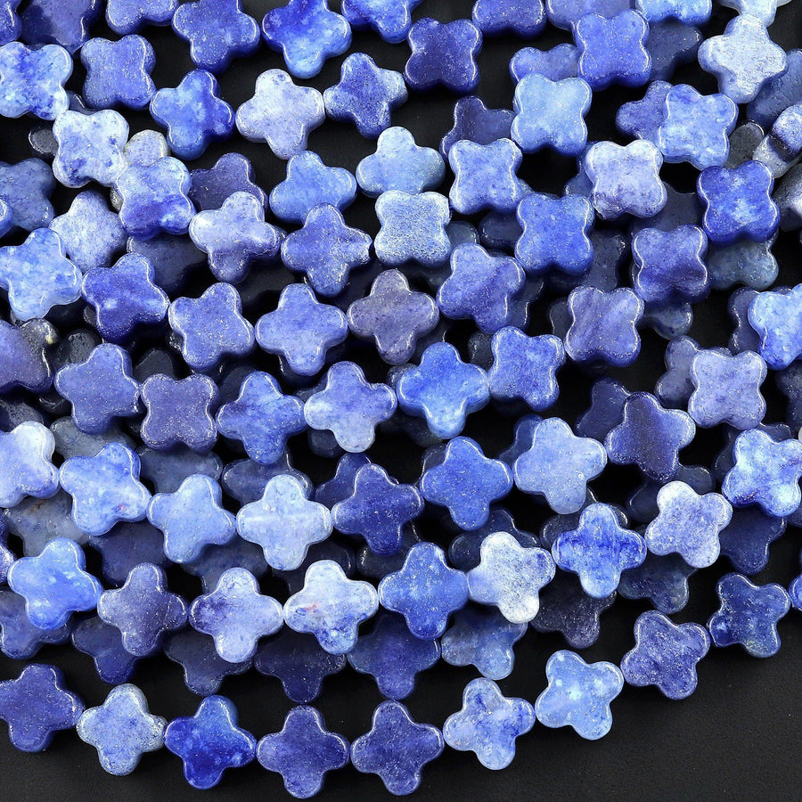 4 Four Leaf Clover Beads Natural Blue Aventurine 8mm Hand Carved Flower Gemstone 15.5" Strand