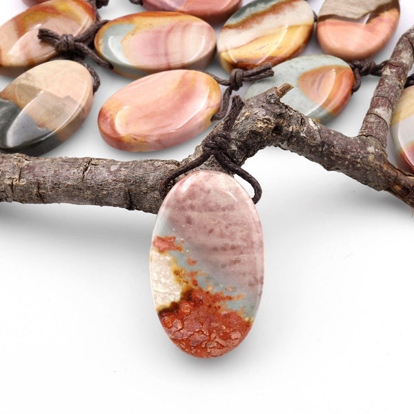 Natural Gemstone Oval Pendant Polychrome Landscape Ocean Jasper from Madagascar A5