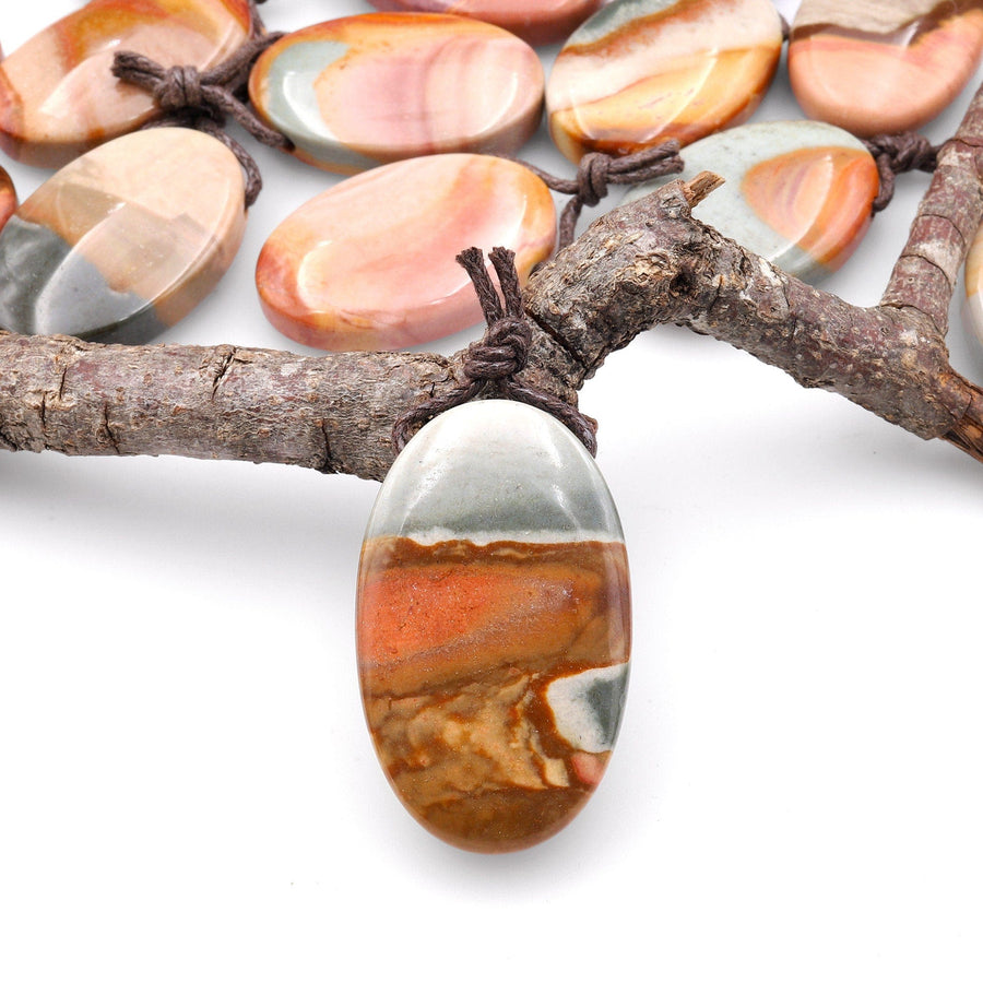 Natural Gemstone Oval Pendant Polychrome Landscape Ocean Jasper from Madagascar A8