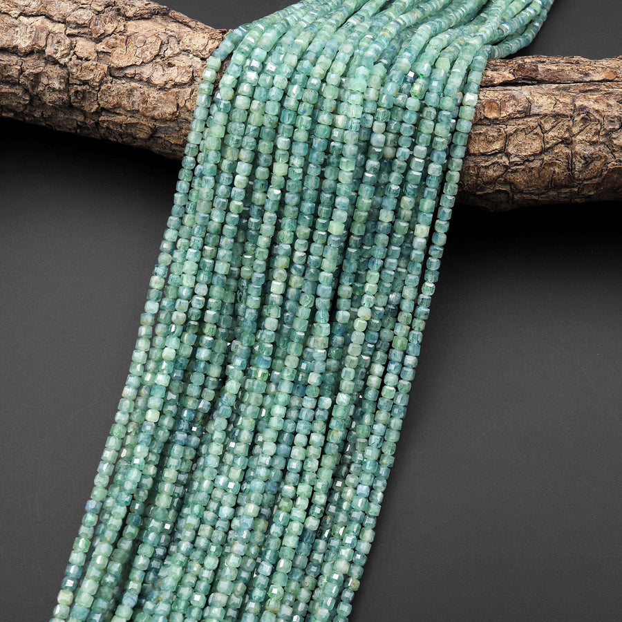 AAA Rare Faceted Natural Bicolor Blue Green Kyanite 2mm 3mm Cube Beads 15.5" Strand