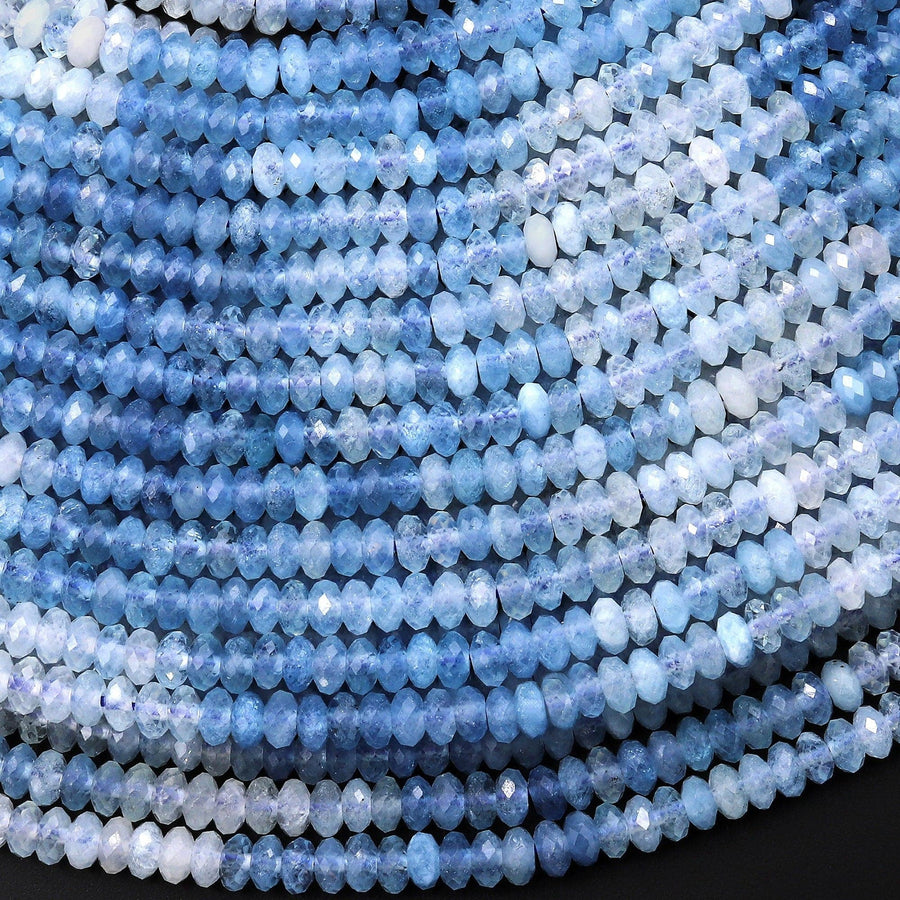 Faceted Natural Blue Aquamarine Rondelle Beads 4mm Gradient Gemstone 15.5" Strand