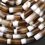 Rare Natural 2 Tone Caramel Brown White Tibetan Agate Beads Smooth Tube 15.5" Strand