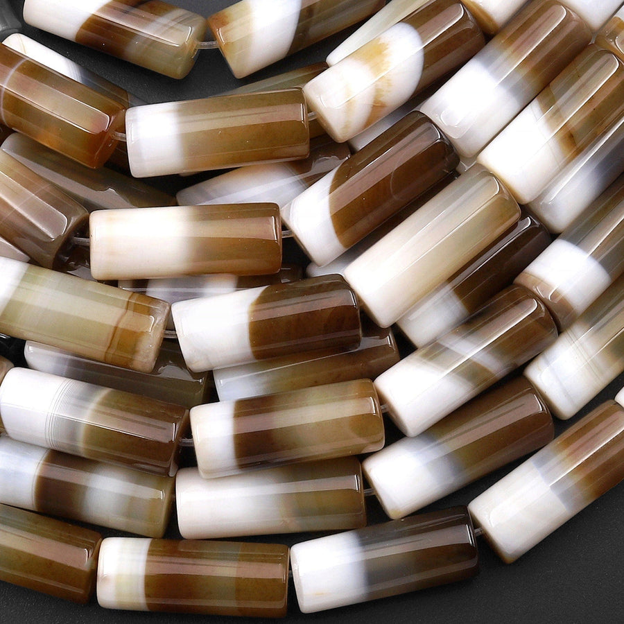 Rare Natural 2 Tone Caramel Brown White Tibetan Agate Beads Smooth Tube 15.5" Strand