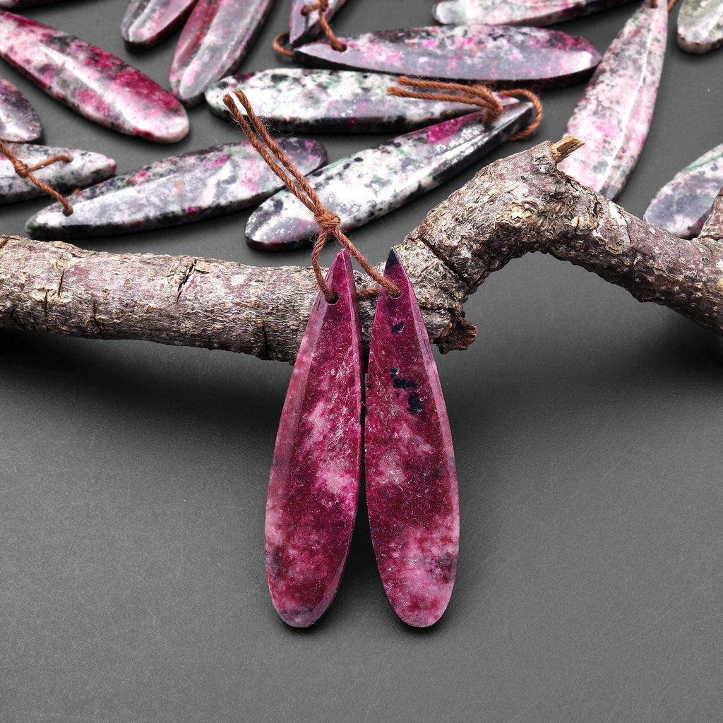 Rare Natural Pink Cobalto Calcite Black Heterogenite Teardrop Drilled Matched Gemstone Earring Bead Pair A2