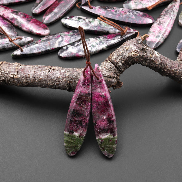 Rare Natural Pink Cobalto Calcite Green Malachite Black Heterogenite Teardrop Drilled Matched Gemstone Earring Bead Pair A4