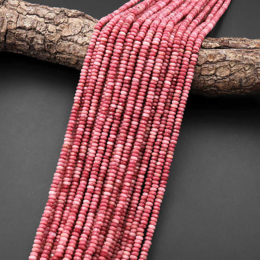 AAA Natural Petrified Pink Rhodonite 4mm Micro Faceted Thin Rondelle Gemstone Beads 15.5" Strand