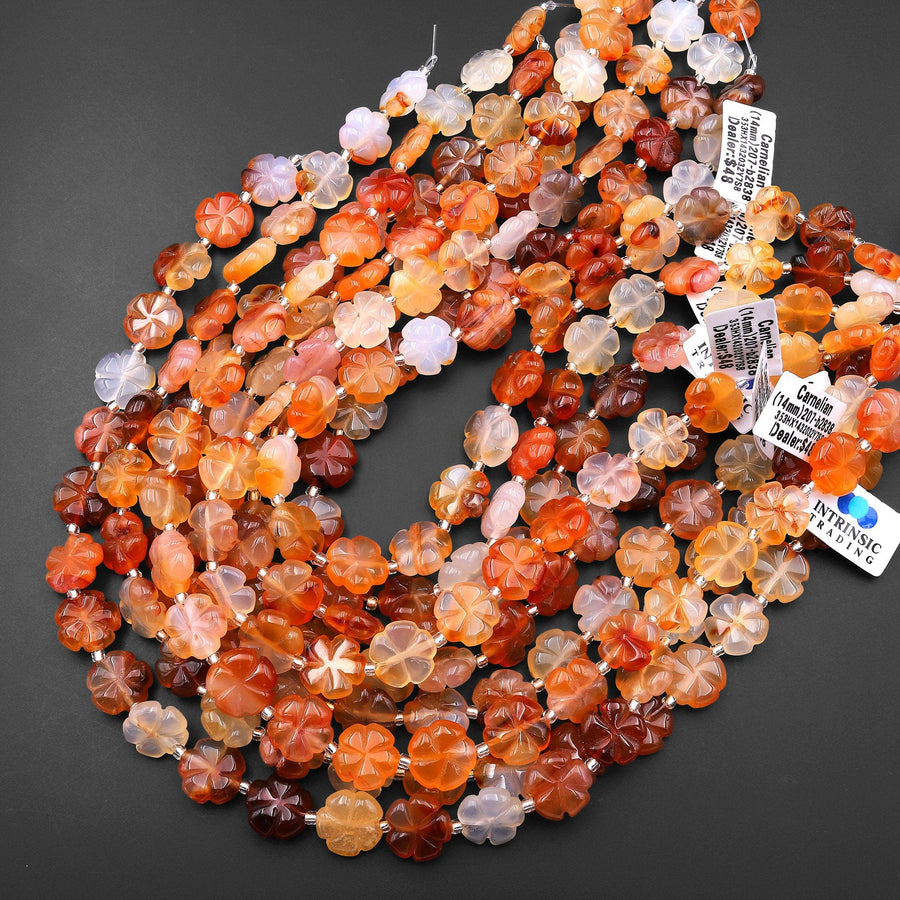 Hand Carved Natural Orange Red Carnelian Flower Beads 15" Strand