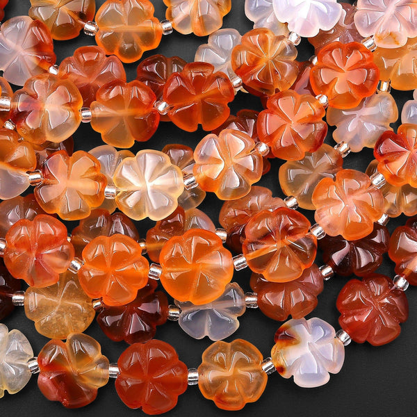 Hand Carved Natural Orange Red Carnelian Flower Beads 15" Strand