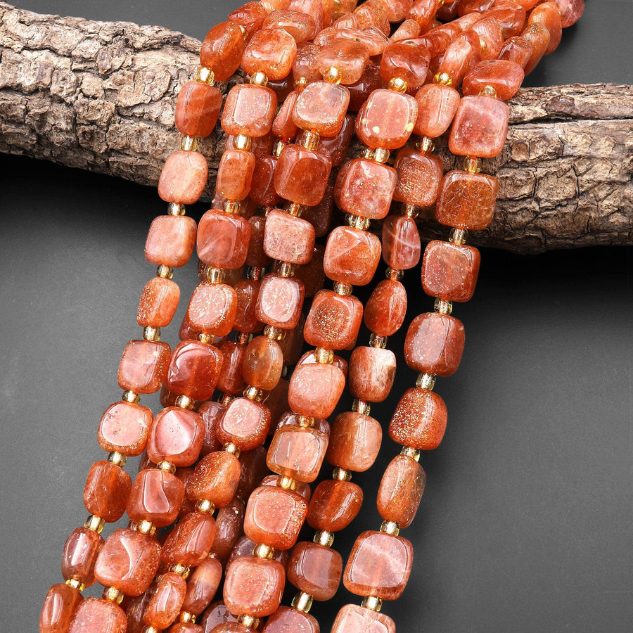 Fiery Natural Orange Sunstone Freeform Square Beads 15.5" Strand