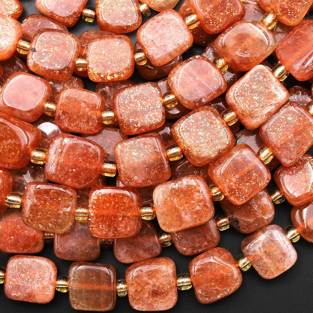 Fiery Natural Orange Sunstone Freeform Square Beads 15.5" Strand