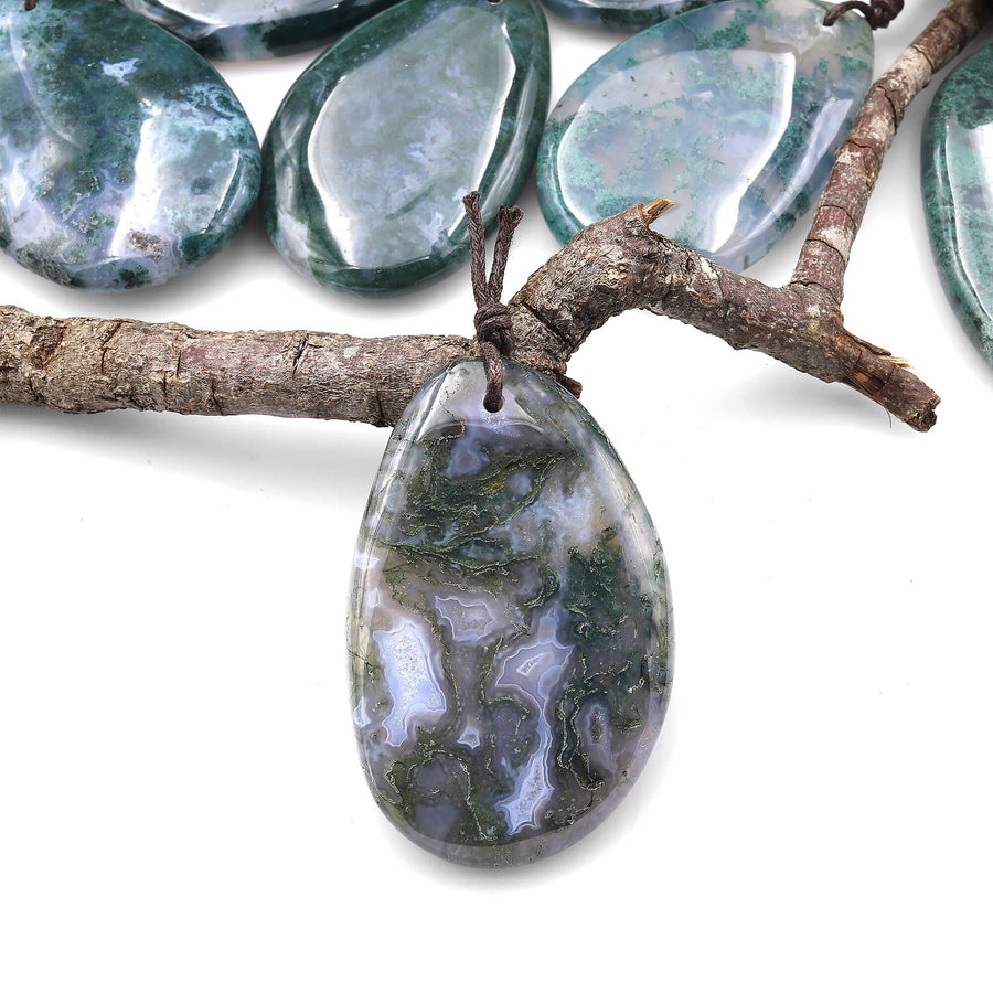 Natural Green Moss Agate Freeform Teardrop Pendant Gemstone Focal Bead