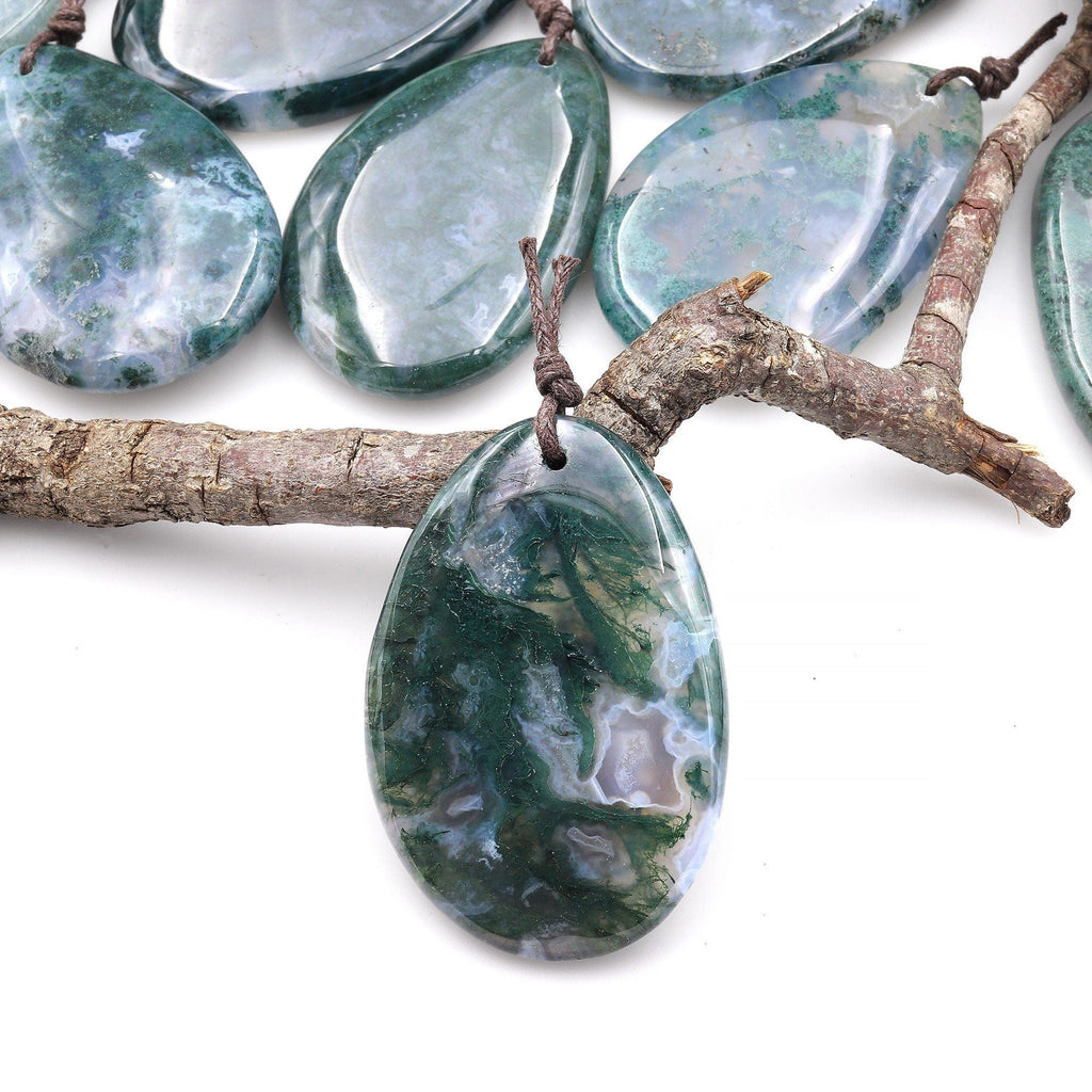 Natural Green Moss Agate Freeform Teardrop Pendant Gemstone Focal Bead