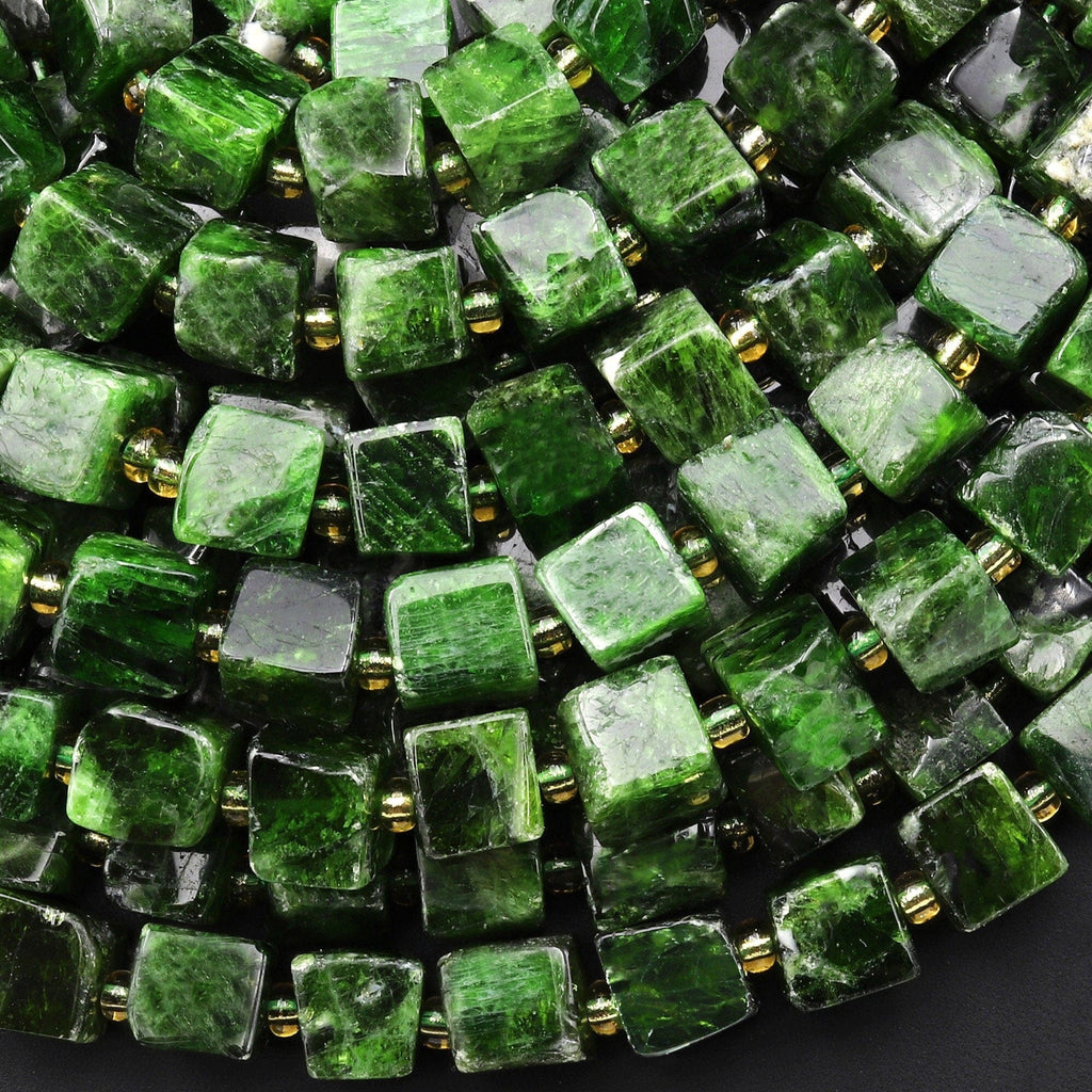 Natural Green Chrome Diopside Smooth Cube 8mm Gemstone Beads 15.5" Strand