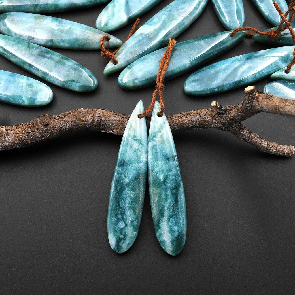 Natural Green Mountain Jade Long Slender Teardrop Earrings Matched Gemstone Bead Pair A1
