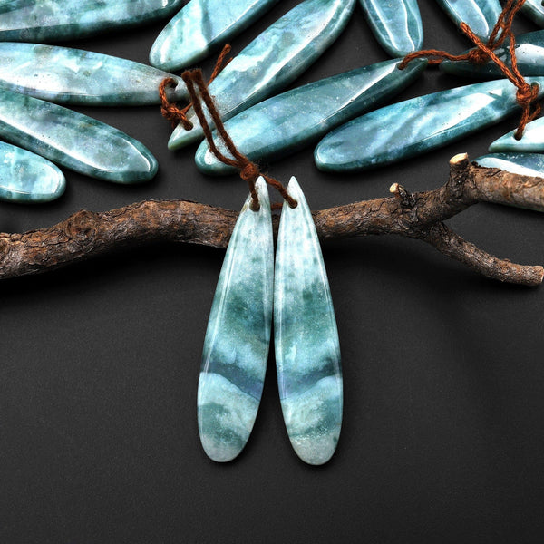 Natural Green Mountain Jade Long Slender Teardrop Earrings Matched Gemstone Bead Pair A22