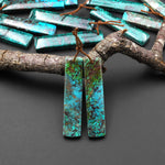 Natural Blue Green Parrot Wing Chrysocolla Rectangle Earrings Matched Gemstone Bead Pair