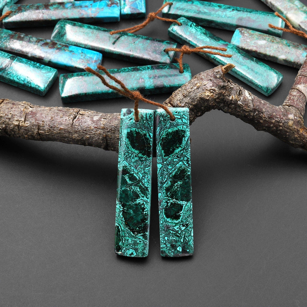 Natural Blue Green Parrot Wing Chrysocolla Rectangle Earrings Matched Gemstone Bead Pair A4