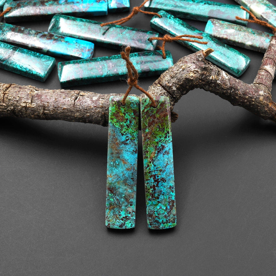 Natural Blue Green Parrot Wing Chrysocolla Rectangle Earrings Matched Gemstone Bead Pair A6