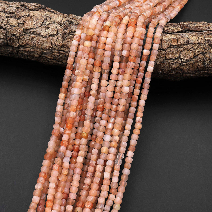 Natural Peach Moonstone Faceted 4mm Cube Beads Gemstone 15.5" Strand