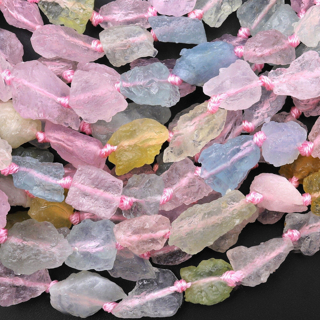 AAA Genuine Natural Pink Morganite Blue Green Golden Aquamarine Beads Freeform Nuggets Hand Hammered Rough Raw Gemstone 15.5" Strand