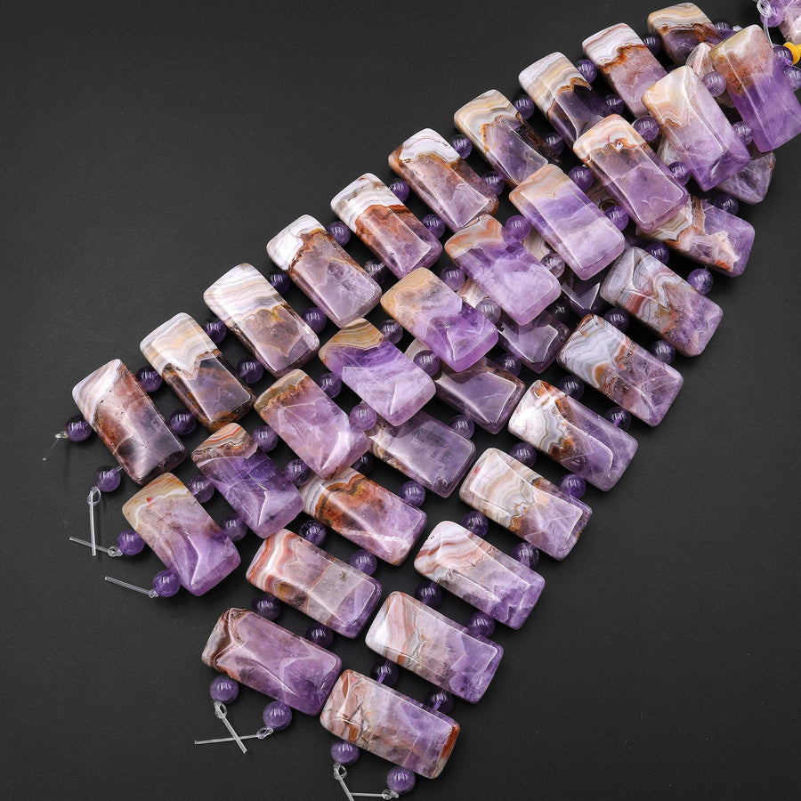 Rare Natural Rainbow Amethyst Rectangle Tile Double Drilled Bracelet Beads 30mm 8" Strand