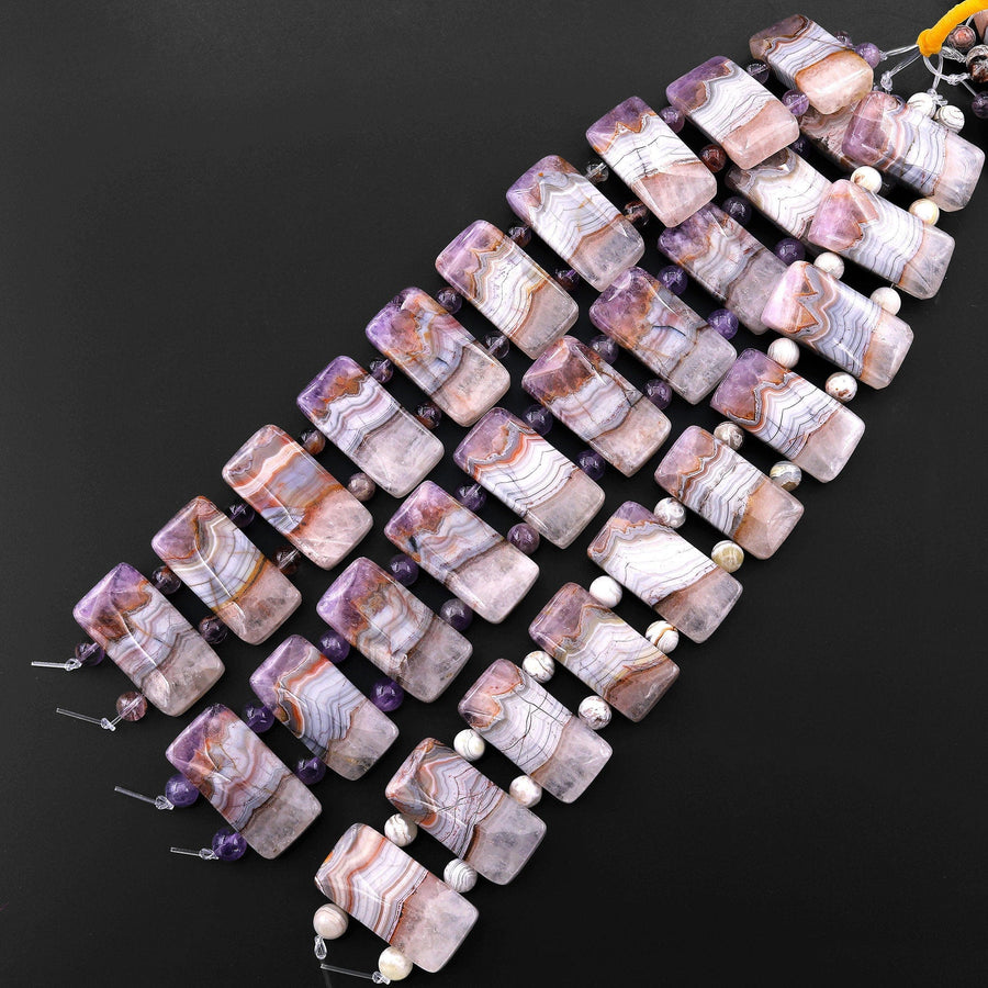 Rare Natural Rainbow Amethyst Rectangle Tile Double Drilled Bracelet Beads Lacey Pattern 30mm 8" Strand