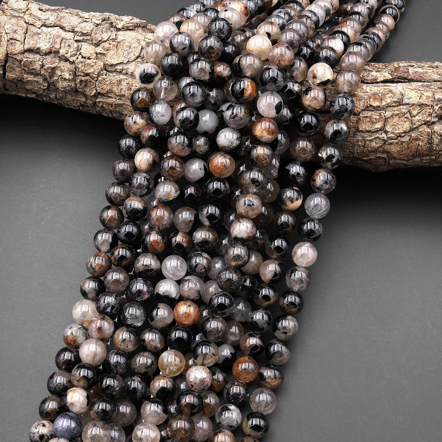 Genuine Natural Black Tourmaline Beads 3mm 4mm 5mm 6mm 8mm 10mm 12mm Round White Quartz Red Iron Matrix Real Genuine Gemstone 15.5" Strand