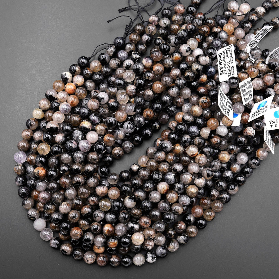 Genuine Natural Black Tourmaline Beads 3mm 4mm 5mm 6mm 8mm 10mm 12mm Round White Quartz Red Iron Matrix Real Genuine Gemstone 15.5" Strand