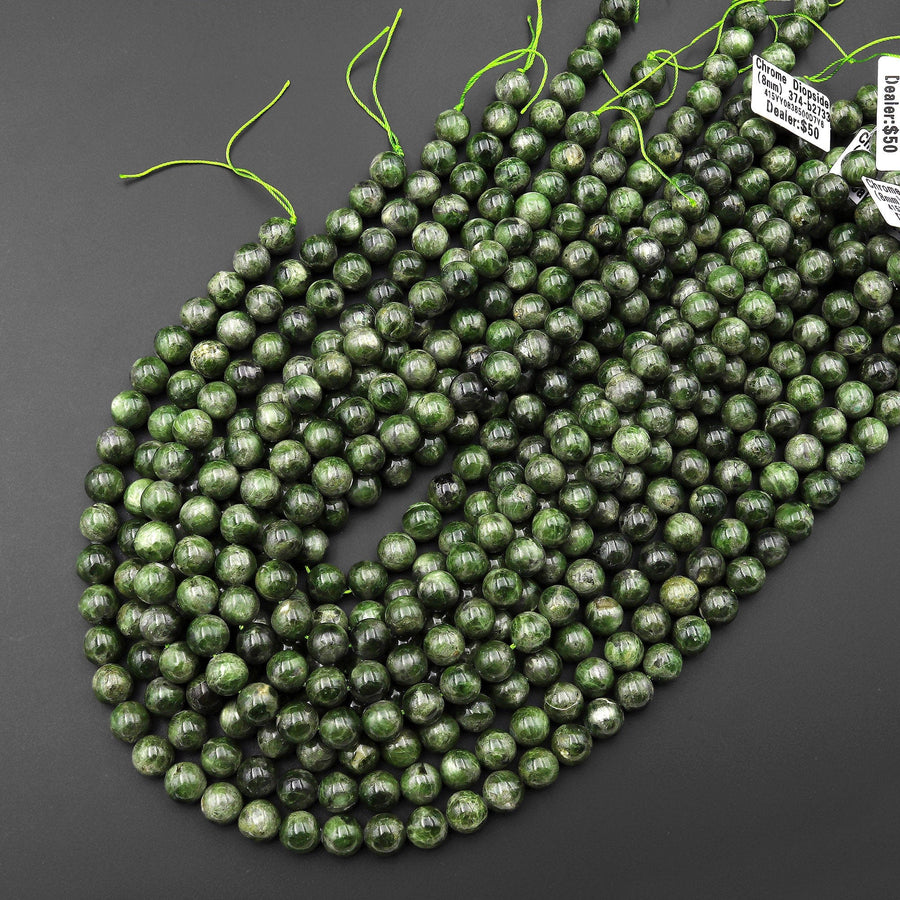 Natural Green Chrome Diopside 6mm 8mm 10mm Smooth Round Beads Gemstone 15.5" Strand