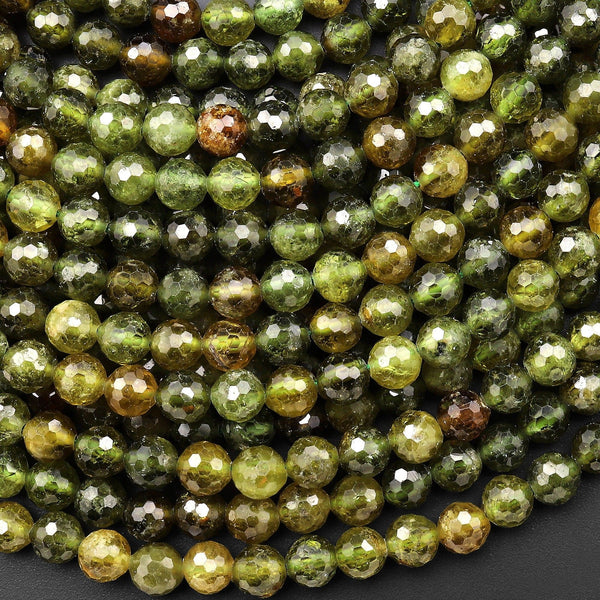 AAA Faceted 6mm Natural Green Garnet Round Beads Extra Gemmy Translucent Gemstone 15.5" Strand