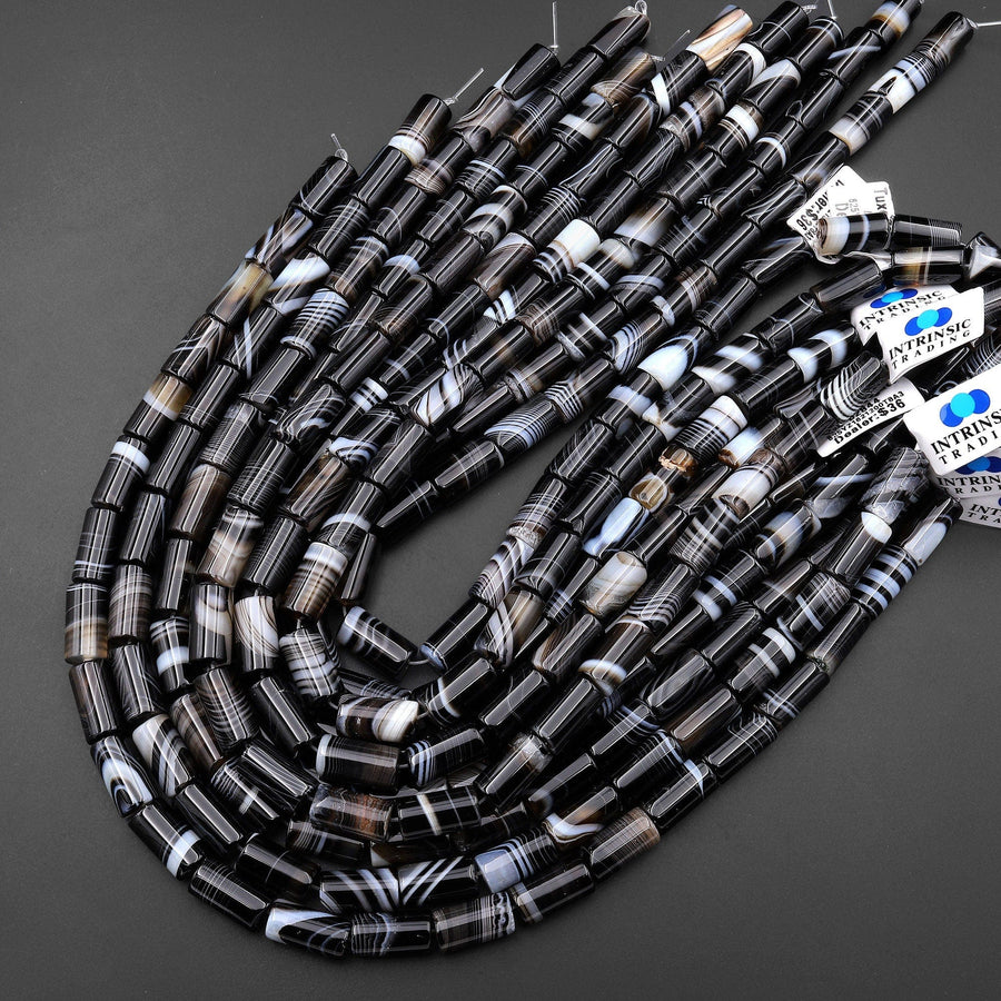 Natural Tuxedo Agate Smooth Tube Cylinder 8x16mm Beads Black White Stripes Beads 16" Strand