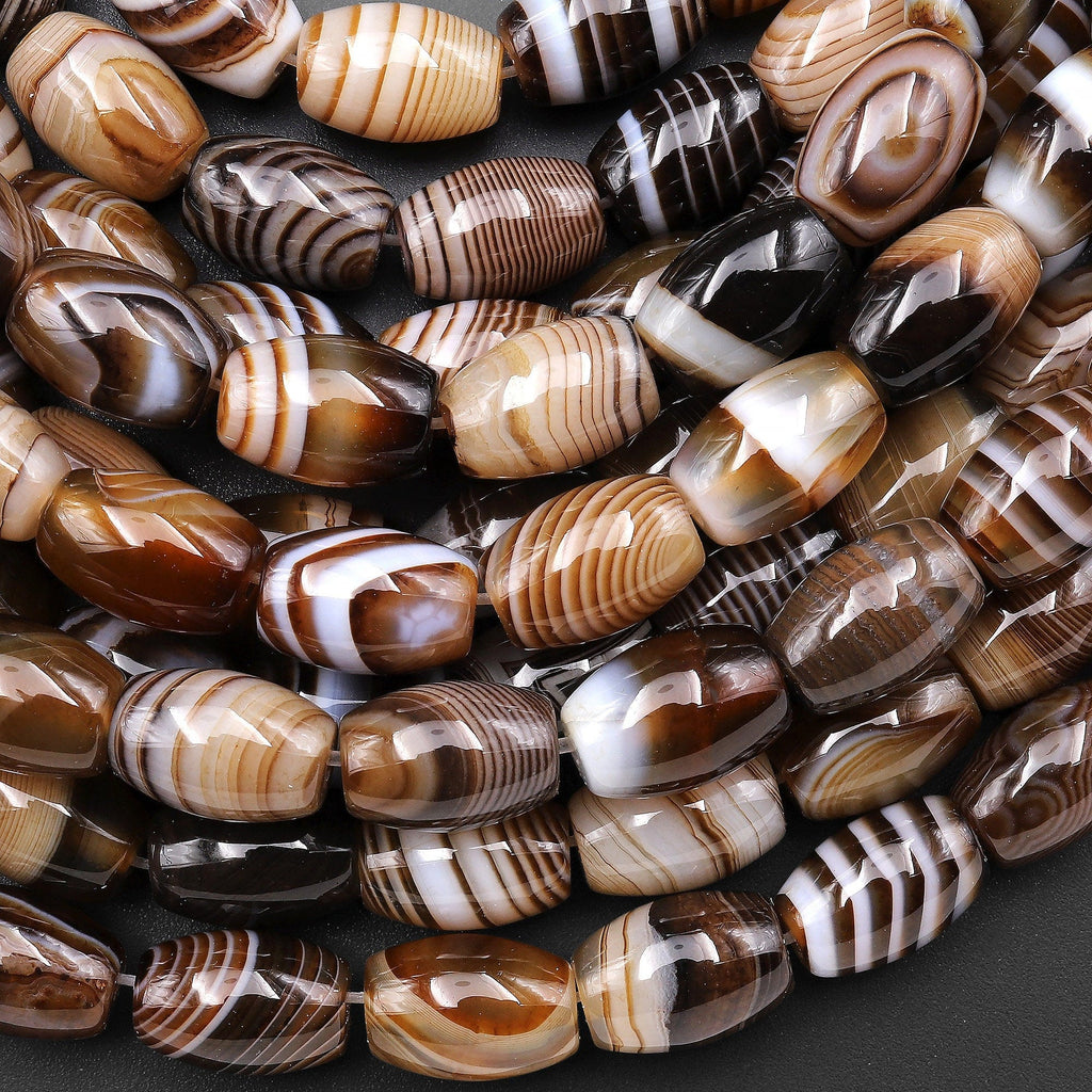 Natural Tibetan Caramel Brown Agate Beads Highly Polished Smooth Drum Barrel Amazing Veins Bands Stripes 15.5" Strand