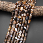 Natural Tibetan Agate Beads Smooth Tube Cylinder Amazing Veins Bands Stripes Caramel Brown White Agate 15.5" Strand