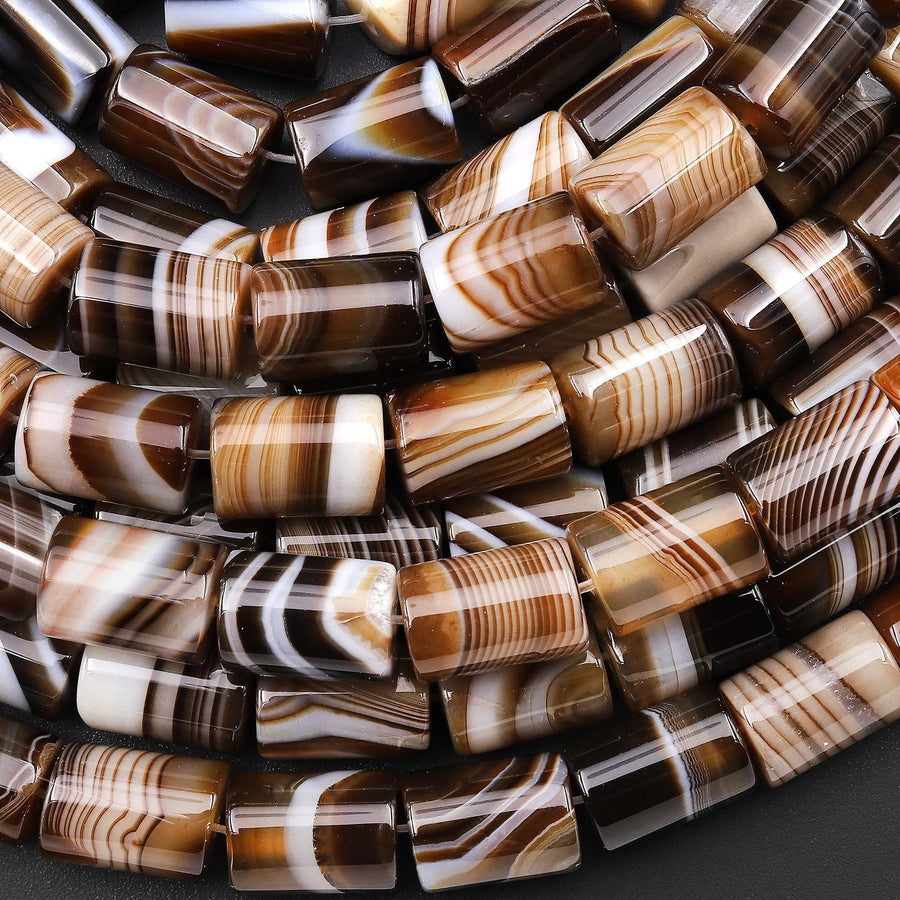 Natural Tibetan Agate Beads Smooth Tube Cylinder Amazing Veins Bands Stripes Caramel Brown White Agate 15.5" Strand