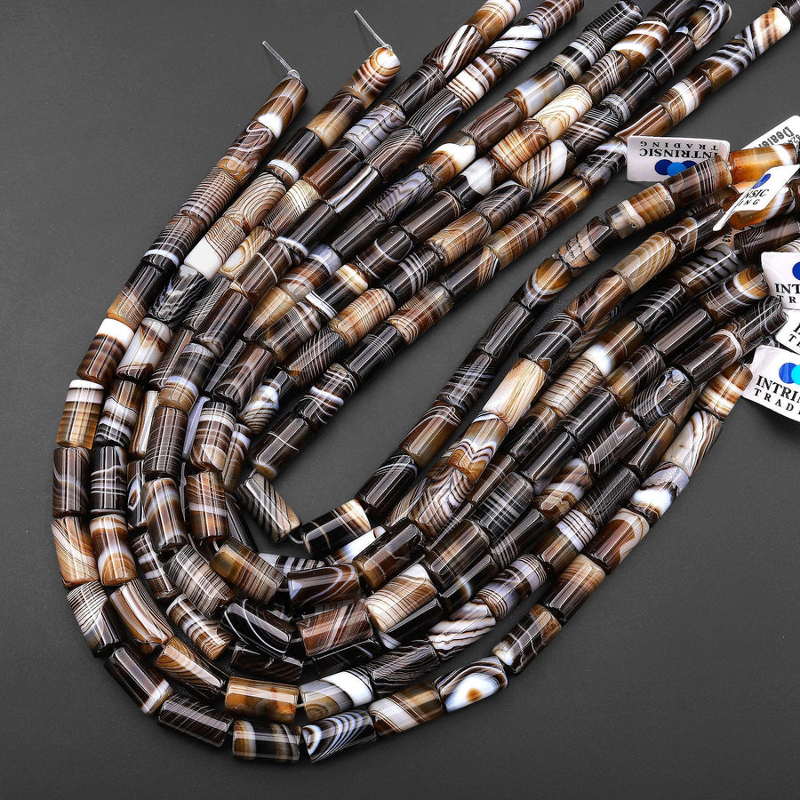 Natural Tibetan Agate Beads Smooth Tube Cylinder 8x16mm Amazing Veins Bands Stripes Caramel Brown White Agate 15.5" Strand