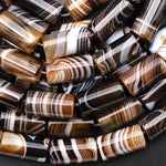 Natural Tibetan Agate Beads Smooth Tube Cylinder 8x16mm Amazing Veins Bands Stripes Caramel Brown White Agate 15.5" Strand