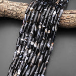 Natural Tibetan Tuxedo Agate Smooth Long Thin Barrel Cylinder 6x24mm Beads Black White Stripes Beads 15.5" Strand