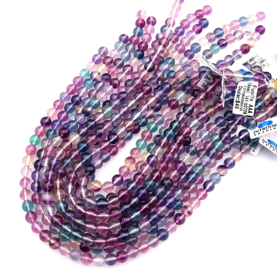 AAA Natural Rainbow Fluorite Smooth 4mm 6mm 8mm Round Beads Extra Translucent Purple Pink Green Gemstone 15.5" Strand