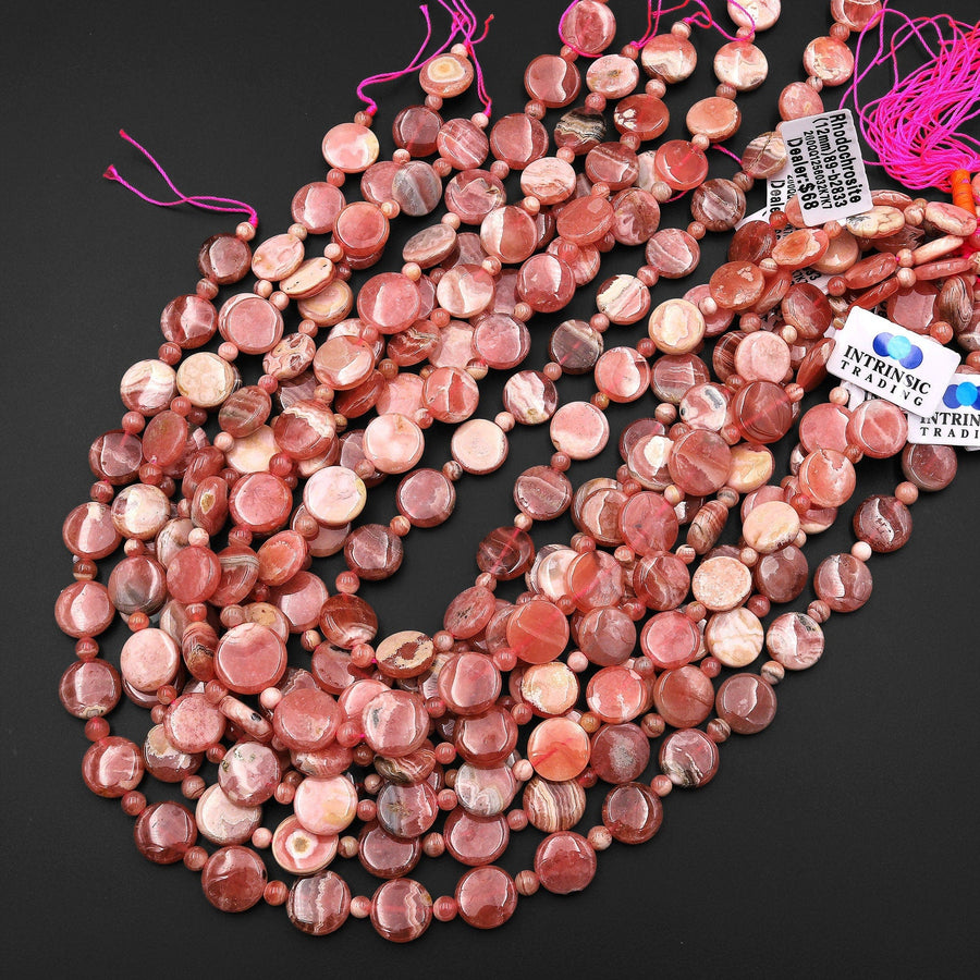 AAA Natural Pink Rhodochrosite Beads Smooth Coin 12mm Extra Gemmy Translucent 15.5" Strand