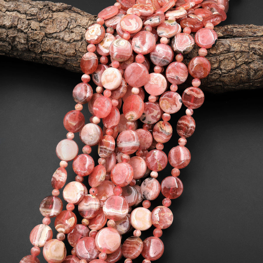 AAA Natural Pink Rhodochrosite Beads Smooth Coin 12mm Extra Gemmy Translucent 15.5" Strand