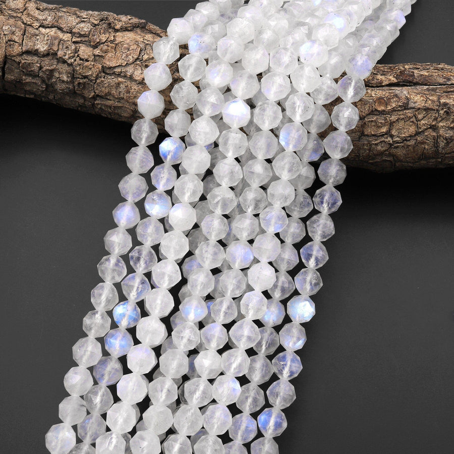 AAA Natural Rainbow Moonstone Double Hearted Star Cut Faceted 10mm Rounded Beads 15.5" Strand